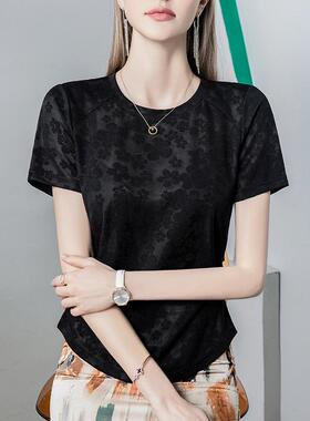 提花蕾丝洋复古衣女短102291袖宽松20上24夏季新款褶空皱女装镂恤