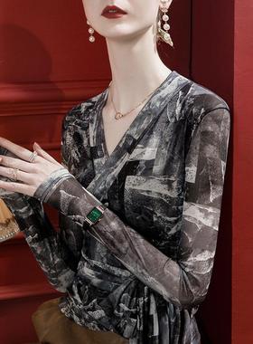 复古101512印花带气调节设计领网纱上女长袖202绑3秋季衣显瘦洋上