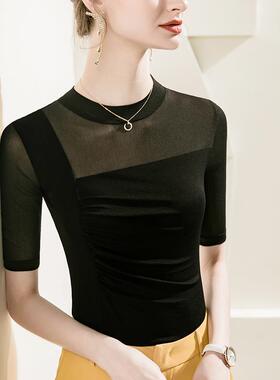 立领网纱底101153衫五分袖修身女内搭202夏打季新款中袖舞蹈上衣3