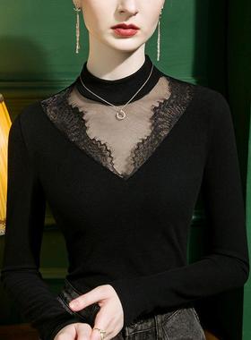 德绒100209高季领打底衫女性感网纱拼冬接修身内搭2022秋冬保暖半