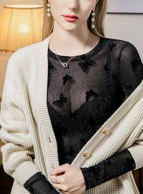 蝴蝶植绒丝网纱女修身224秋季新款恤网纱内搭亮女装打底衫上10258