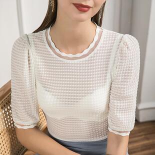 女修身 网纱打底衫 内搭袖 蕾五分泡袖 上衣 秋丝季 性感中袖 新泡3711款