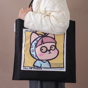CALL ME PANDA 黑色 lily帆布包 单肩包 大容量 学生包通勤包