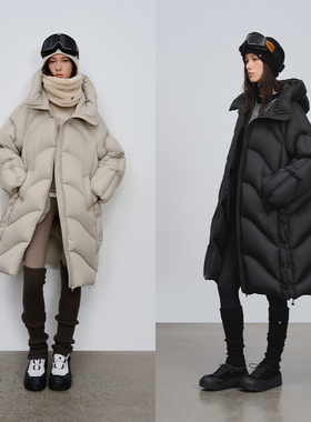 半圆女装[运动]2025秋冬宽松休闲连帽高支高密长款面包羽绒服女