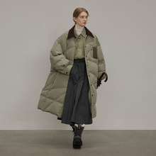 半圆原创设计感女装2025冬季复古小众衬衫式长款过膝高端羽绒服女