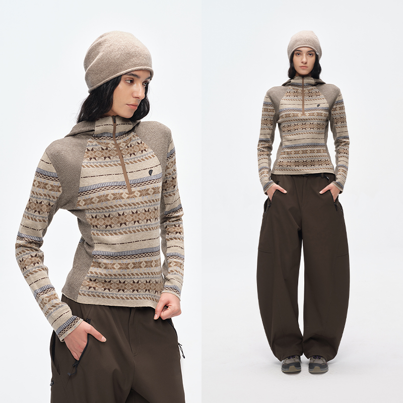 绵羊毛混纺纱线 半圆原创女装[复古]2025冬民族风连帽修身毛衣女