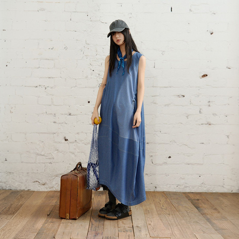 天丝混纺 半圆女装[运动]2026夏季宽松休闲拼接圆领水洗连衣裙