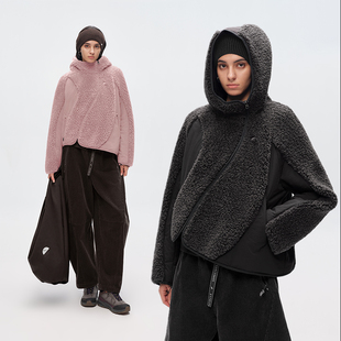 羊毛混纺 半圆女装[运动]2025冬宽松休闲不规则连帽小立领外套女