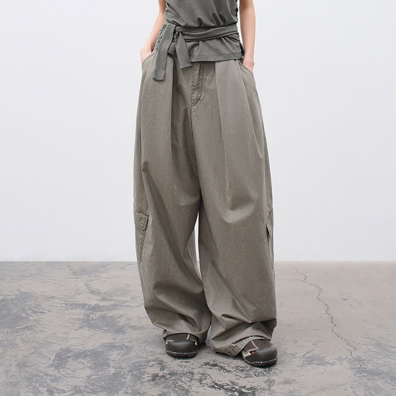 半圆原创设计女装2026春[复古]宽松打褶廓形水洗气球工装休闲裤女,女装/女士精品,休闲裤,淘宝优惠券,粉丝福利购,淘宝优惠卷