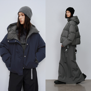 半圆原创女装[文艺]2025秋冬连帽宽松休闲灰蓝正反两面穿羽绒服女