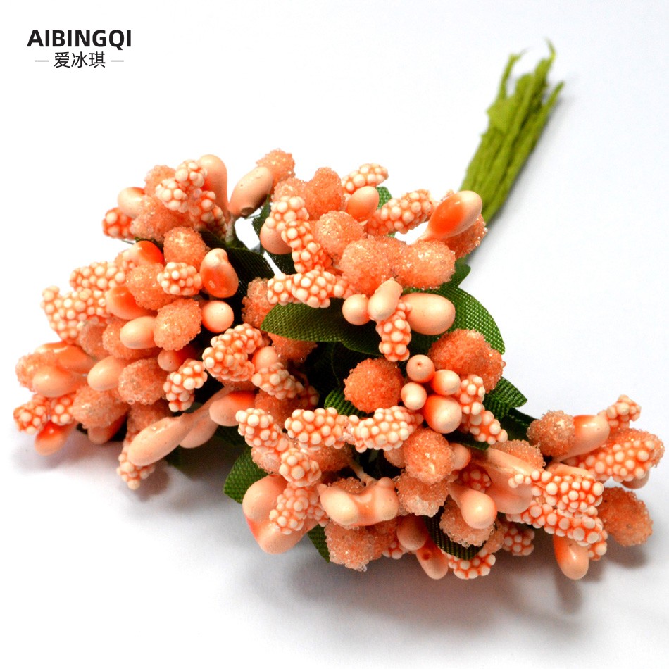 玻璃珠花芯桑果带叶子 丝网花纸花小米粒珠光花芯花蕊花蕾 桔色