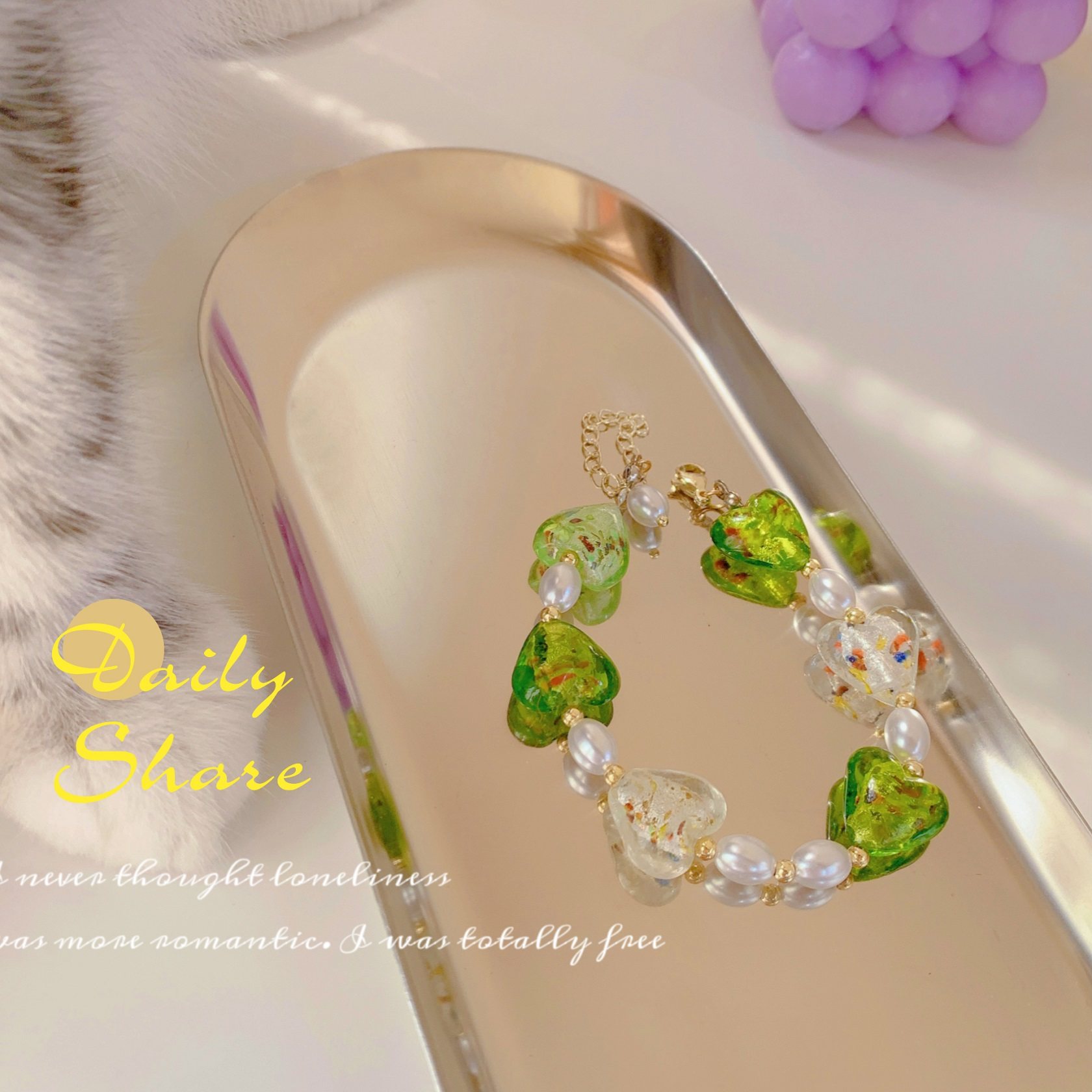 岛屿暖阳原创手作 西洋复古风 古董琉璃珠 珍珠金箔爱心珠 手链