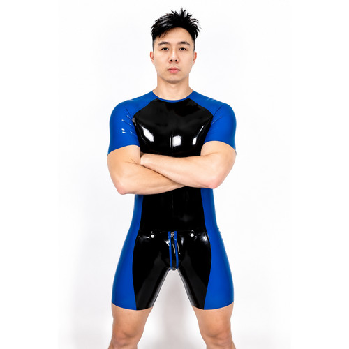 男士乳胶连体衣运动款紧身衣短袖拼接色胶衣