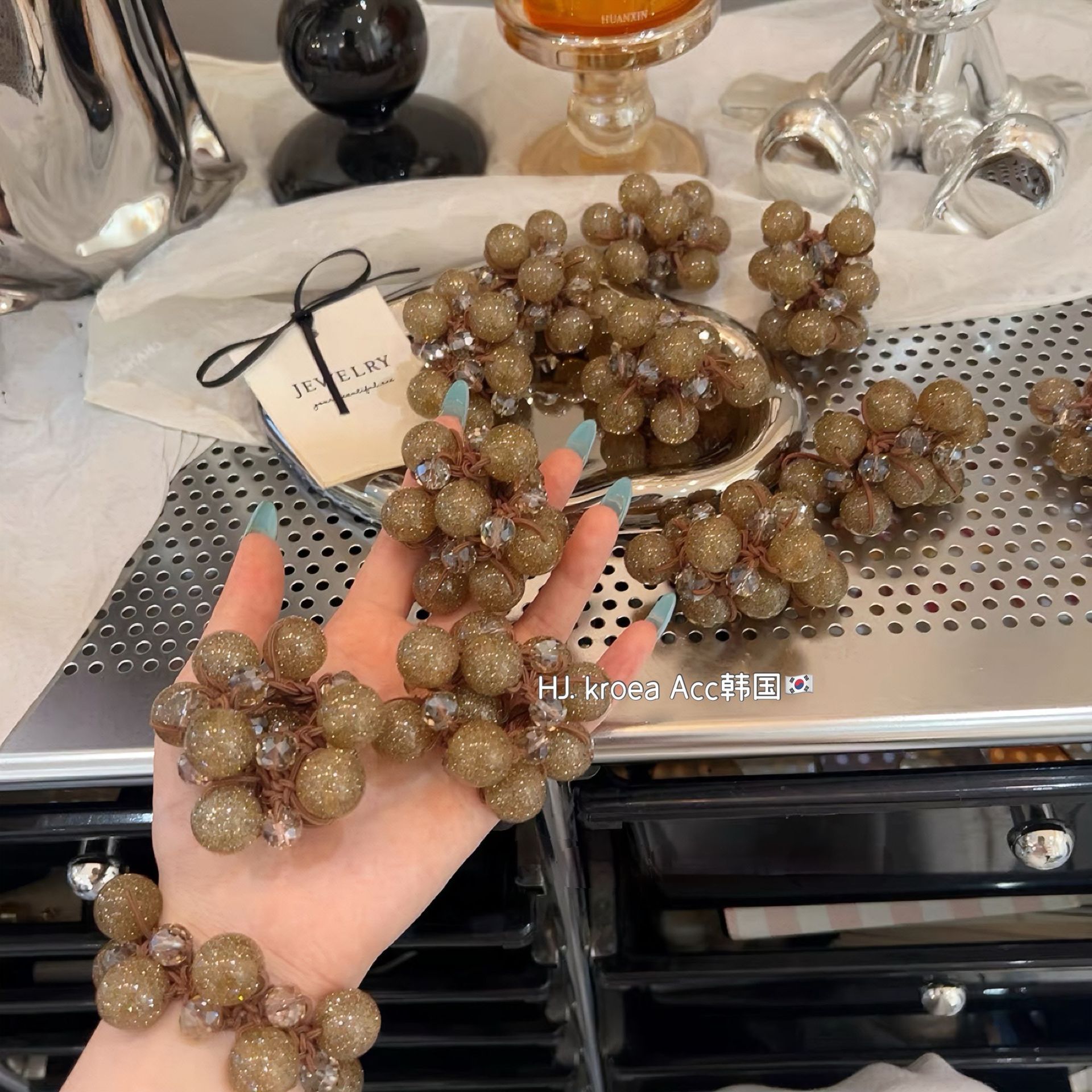 超好看韩系高级感细闪香槟串珠高弹力手链发圈皮筋头花发绳女发饰