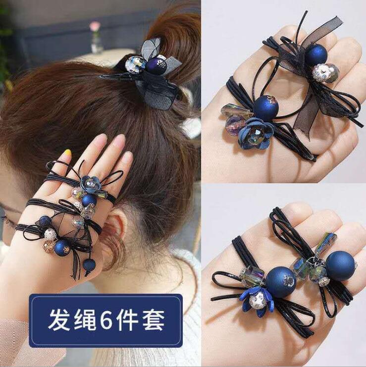 6件套发圈日韩成人水晶高弹力扎头发绳花朵简约珍珠头绳ins头饰品