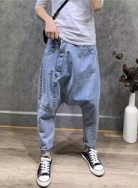 女士牛仔大裆裤潮2023夏季新款宽松小脚垮裤显瘦个性吊裆裤哈伦裤