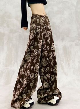 个性印花设计水洗休闲牛仔裤女秋新款高腰宽松显瘦百搭直筒阔腿裤