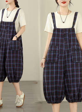 实拍大码春夏新款复古牛仔薄款休闲条纹背带9分裤