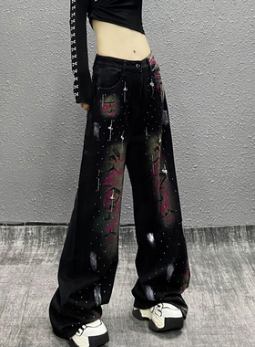 重工烫钻印花休闲牛仔裤女秋新款洋气高腰宽松显瘦百搭直筒阔腿裤