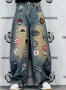 美式高街潮流贴布破洞个性设计牛仔裤宽松休闲时尚百搭痞帅直筒裤