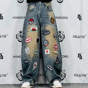 美式高街潮流贴布破洞个性设计牛仔裤宽松休闲时尚百搭痞帅直筒裤