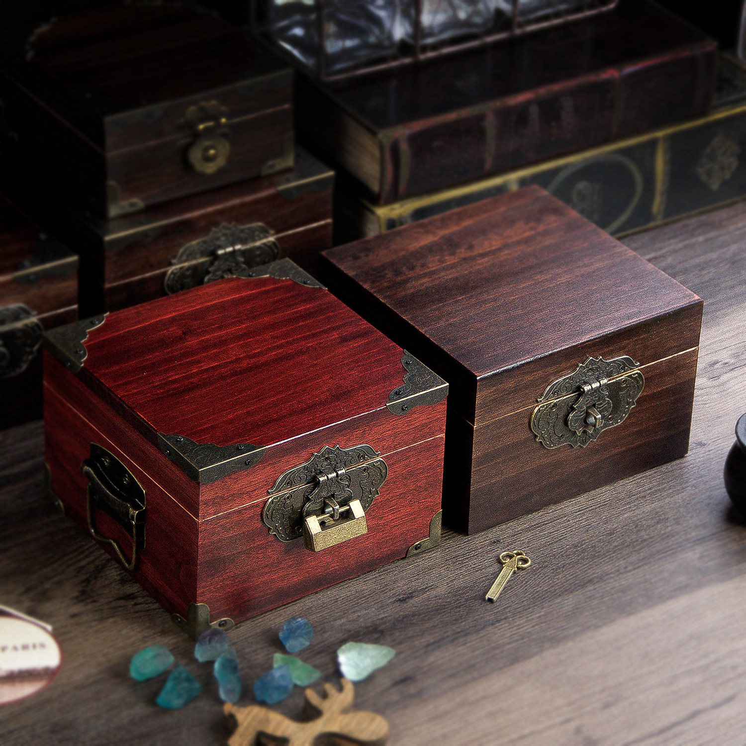 香樟木带锁小木盒桌面收纳盒小盒子木质实木复古木制储物收藏整理