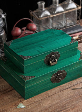 竹盒子复古带锁木盒竹木收纳盒木箱收纳木质实木储物箱子盒箱绿色