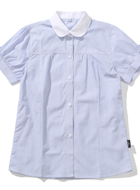 兰诗同款浦口实小新款女童短袖衬衫白领蓝条纹蝴蝶结袖洋气上衣