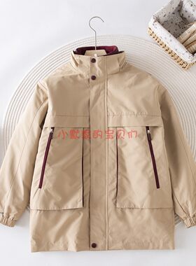 新款伊顿同款小学生校服男女童脱卸式冲锋衣卡其色拼红冬季外套