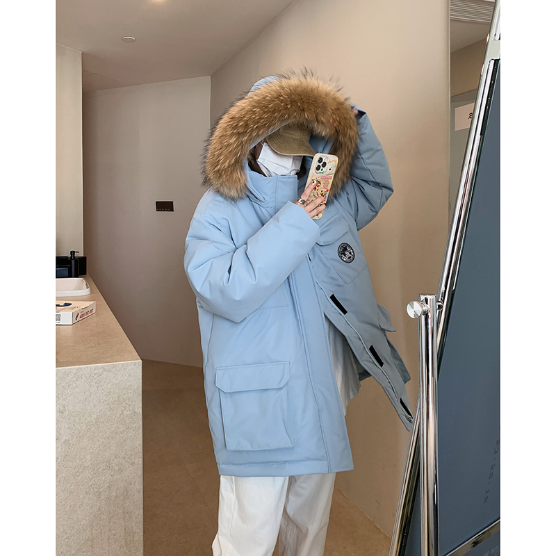 蓝色工装羽绒服女冬季2024新款中长款白鸭绒情侣加厚派克服外套爆