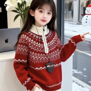 女童费尔岛毛衣2026年冬季新款女孩拜年服保暖加厚针织衫红色上衣