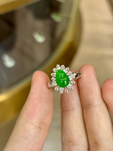 缅甸冰种阳绿翡翠绿葫芦戒指18k金钻石镶嵌天然A货翡翠 现货