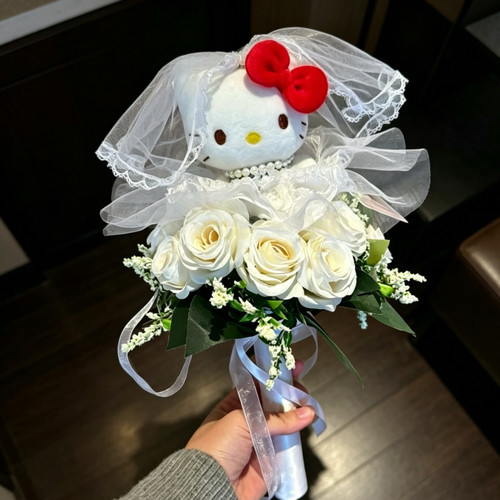 领证手捧花Kitty公仔花束新娘结婚拍照道具 订婚仿真花求婚表白