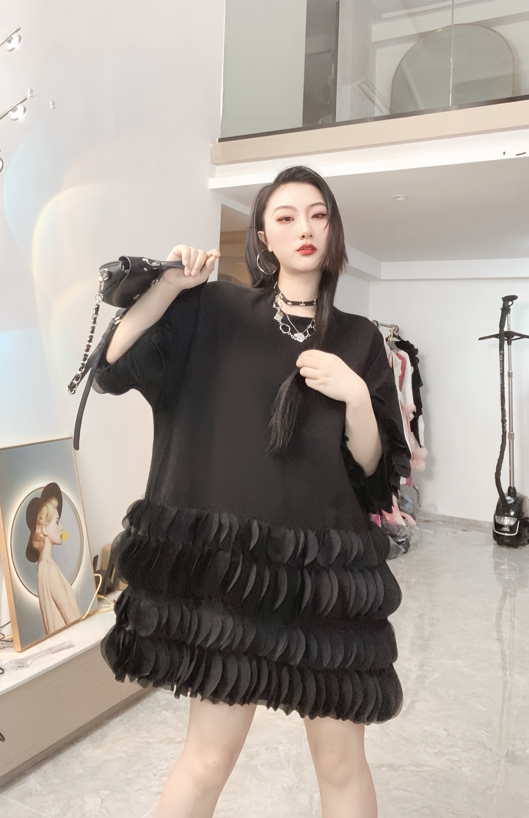 欧洲站2024夏季新款拼接网纱短袖T恤裙女时尚宽松显瘦蓬蓬连衣裙