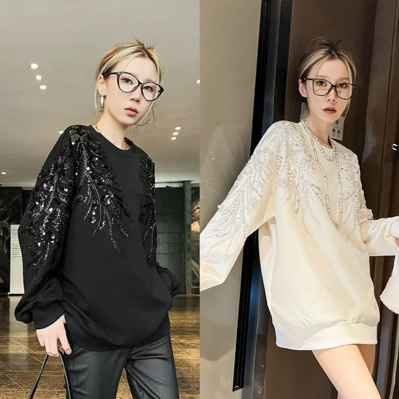 卫衣女欧洲站2025秋冬新款重工烫钻亮片设计欧货圆领黑色显瘦上衣