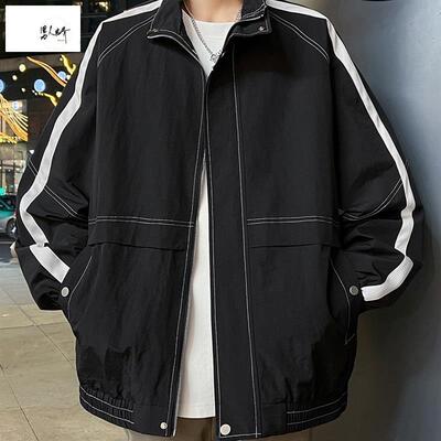 运动外套男春秋潮流痞帅上衣胖子休闲男装加肥加大码立领防风夹克