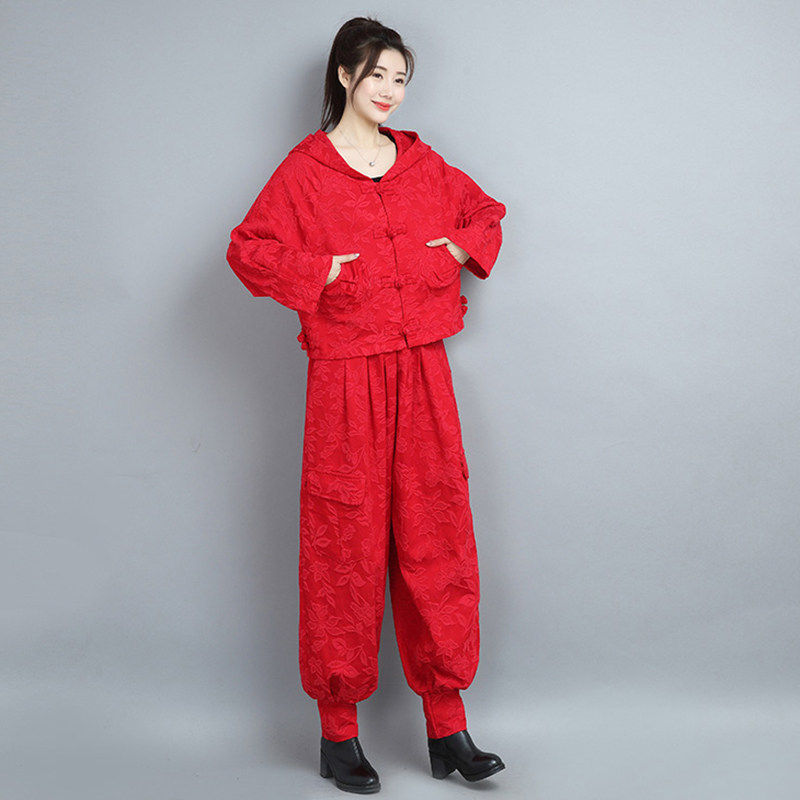 2026春装新款文艺灯笼裤套装休闲连帽短款上衣肥腿裤两件套女裤