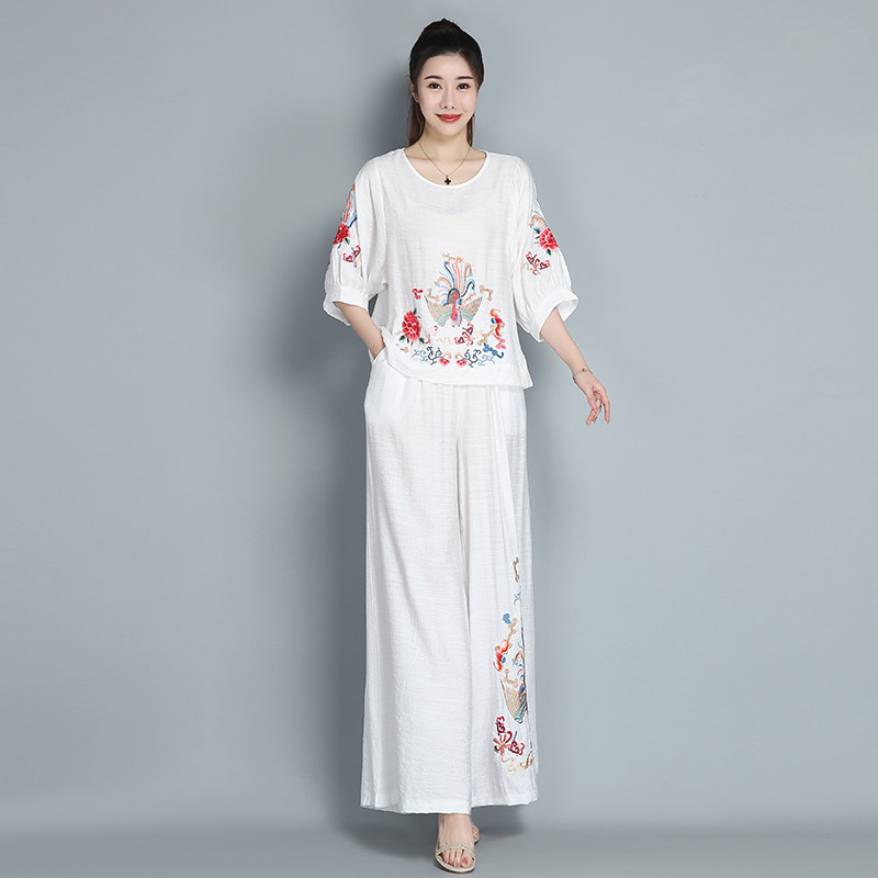 春夏季民族风中袖衬衫阔腿裤长裤套装女2025年新款薄款五分袖小衫