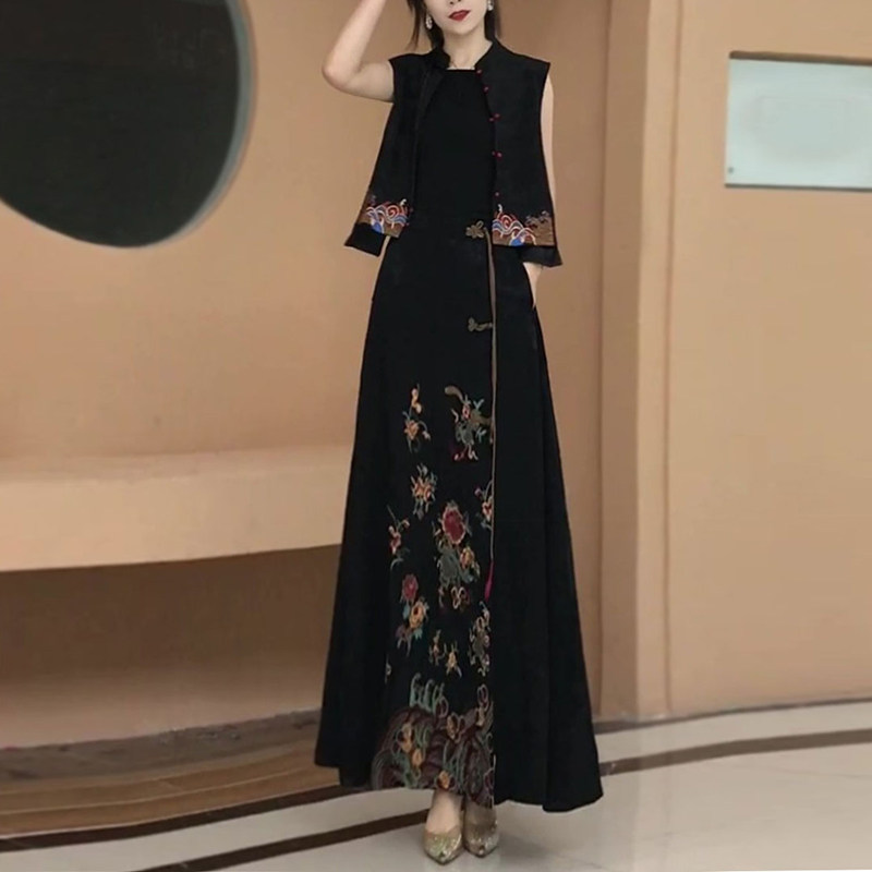 民族风刺绣马甲半身裙中式套装女