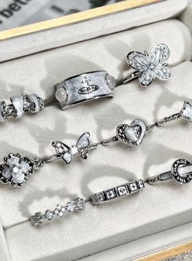 中古风气质甜酷白色滴釉蝴蝶土星时尚戒指女小众简约几何个性