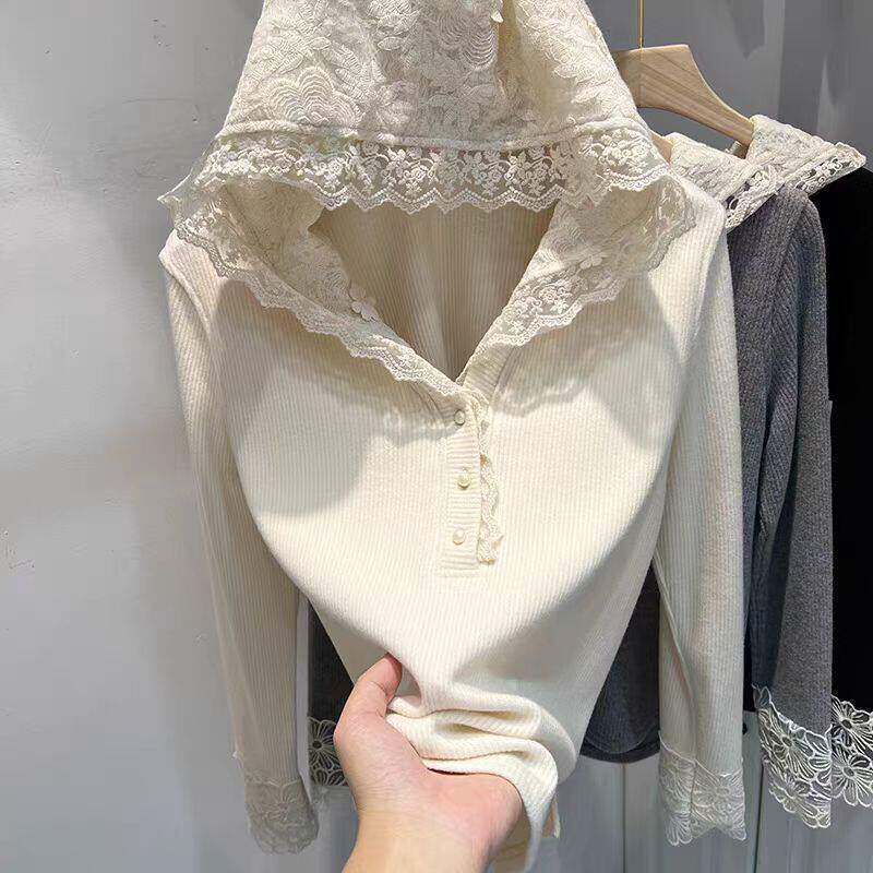 女童蕾丝拼接连帽长袖坑条T恤