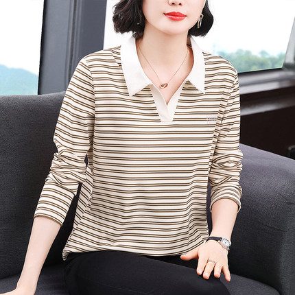 秋季新款妈妈装有领条纹长袖t恤女翻领上衣中老年宽松大码打底衫