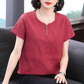 小衫 五十多岁妈妈夏装 洋气半袖 大码 上衣中老年纯棉短袖 t恤女时尚