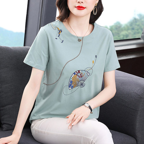 妈妈洋气大码刺绣纯棉短袖t恤女