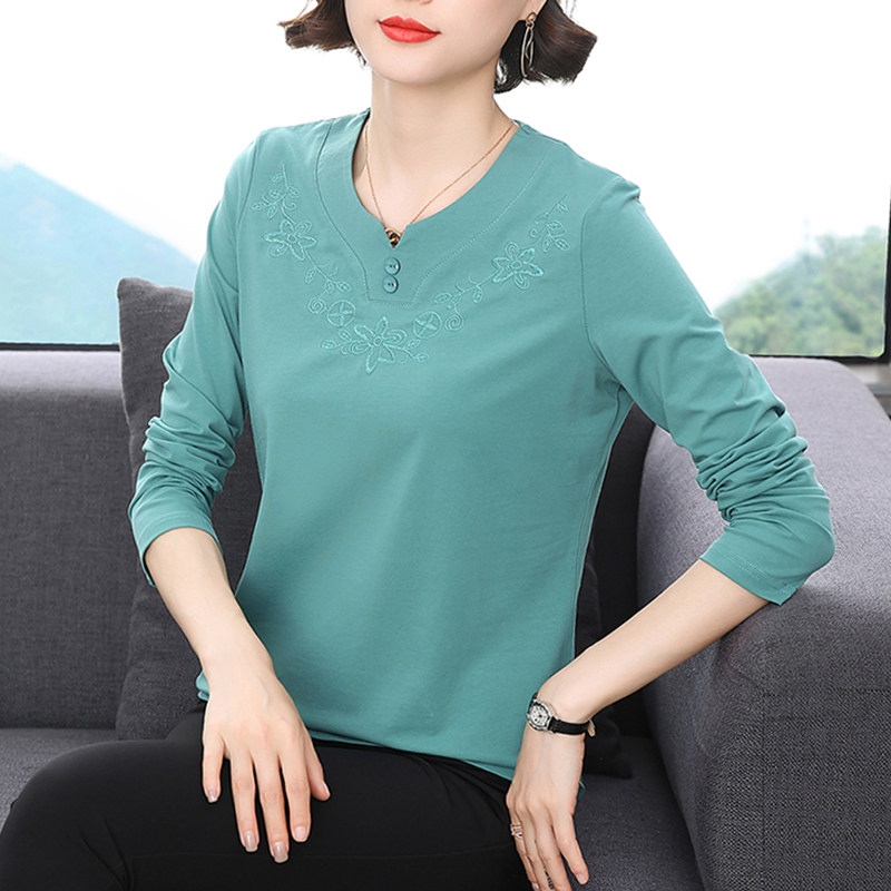 妈妈纯棉长袖t恤女秋季上衣女装2025新款小衫高贵洋气绣花打底衫,女装/女士精品,T恤,淘宝优惠券,粉丝福利购,淘宝优惠卷