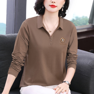 t恤女显瘦打底衫 中老年时尚 翻领洋气上衣服纯棉长袖 妈妈春装 女装