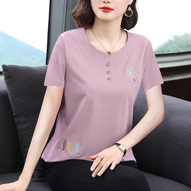 妈妈纯棉短袖t恤女夏季上衣2025新款中年圆领拼接刺绣显瘦半袖衫