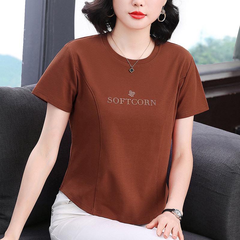 年轻妈妈减龄上衣中年妇女夏装纯棉短袖t恤女大码显瘦半袖体恤衫