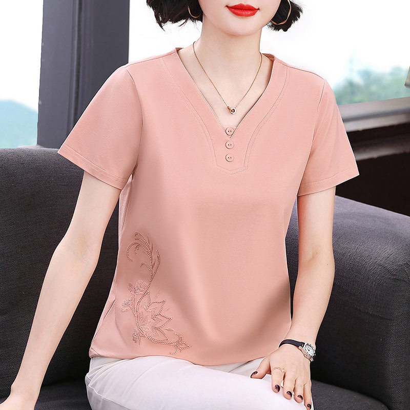 妈妈夏装纯棉短袖t恤洋气v领上衣图片