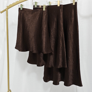 真醋酸褶皱肌理感焦糖棕色半身裙女短中长款 垂感显瘦名媛气质优雅